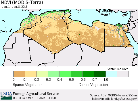 North Africa NDVI (Terra-MODIS) Thematic Map For 1/1/2018 - 1/10/2018