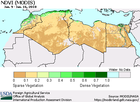 North Africa NDVI (Terra-MODIS) Thematic Map For 1/11/2018 - 1/20/2018