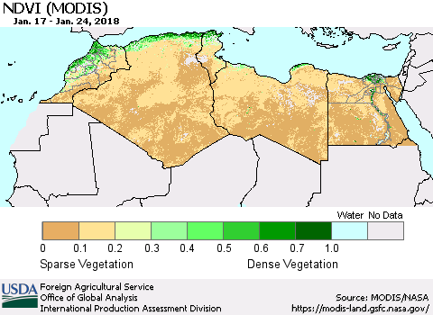 North Africa NDVI (Terra-MODIS) Thematic Map For 1/21/2018 - 1/31/2018