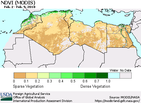 North Africa NDVI (Terra-MODIS) Thematic Map For 2/1/2018 - 2/10/2018
