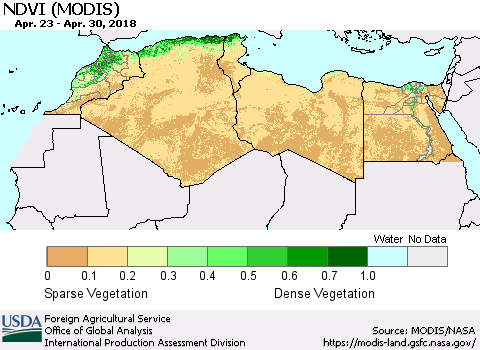 North Africa NDVI (Terra-MODIS) Thematic Map For 4/21/2018 - 4/30/2018