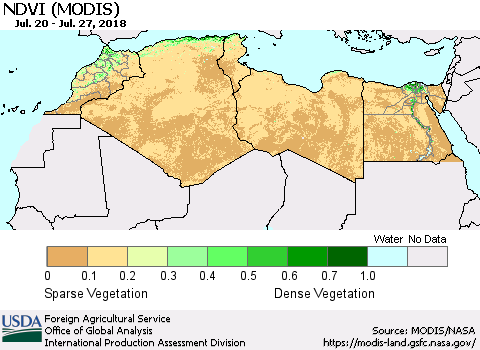 North Africa NDVI (Terra-MODIS) Thematic Map For 7/21/2018 - 7/31/2018