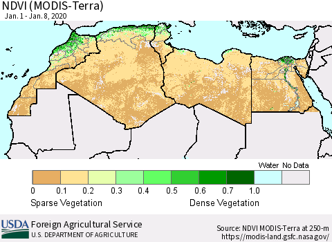 North Africa NDVI (Terra-MODIS) Thematic Map For 1/1/2020 - 1/10/2020