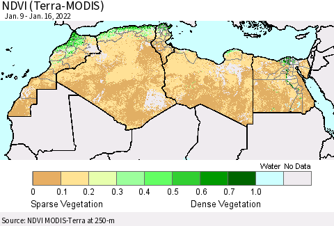 North Africa NDVI (Terra-MODIS) Thematic Map For 1/9/2022 - 1/16/2022