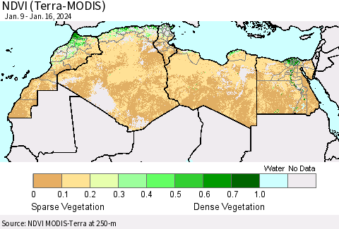 North Africa NDVI (Terra-MODIS) Thematic Map For 1/9/2024 - 1/16/2024