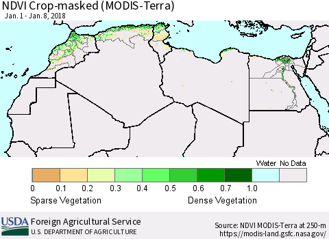 North Africa Cropland NDVI (Terra-MODIS) Thematic Map For 1/1/2018 - 1/10/2018