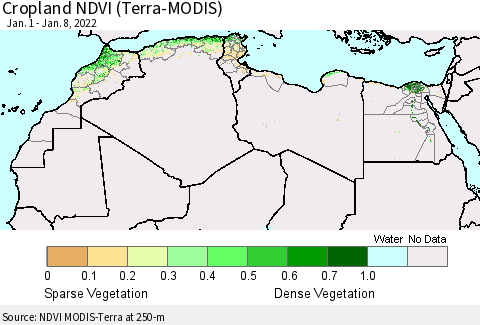 North Africa Cropland NDVI (Terra-MODIS) Thematic Map For 1/1/2022 - 1/8/2022