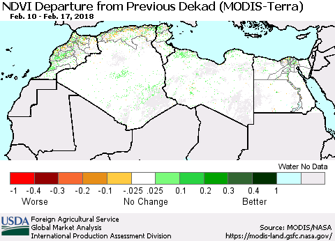 North Africa NDVI Departure from Previous Dekad (Terra-MODIS) Thematic Map For 2/11/2018 - 2/20/2018
