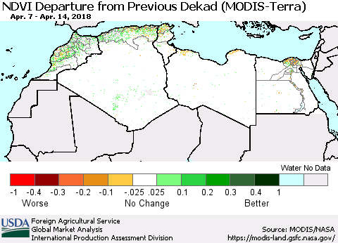 North Africa NDVI Departure from Previous Dekad (Terra-MODIS) Thematic Map For 4/11/2018 - 4/20/2018