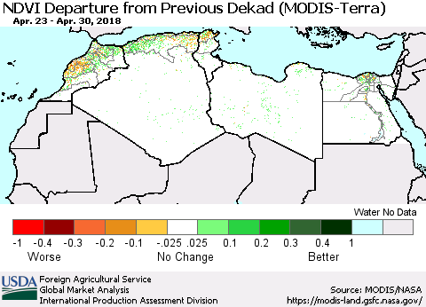 North Africa NDVI Departure from Previous Dekad (Terra-MODIS) Thematic Map For 4/21/2018 - 4/30/2018
