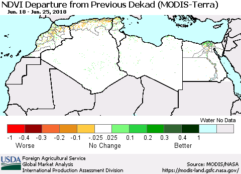 North Africa NDVI Departure from Previous Dekad (Terra-MODIS) Thematic Map For 6/21/2018 - 6/30/2018