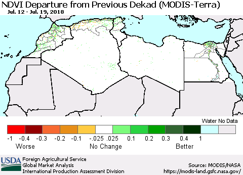 North Africa NDVI Departure from Previous Dekad (Terra-MODIS) Thematic Map For 7/11/2018 - 7/20/2018