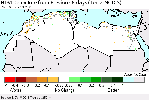 North Africa NDVI Departure from Previous 8-days (Terra-MODIS) Thematic Map For 9/6/2021 - 9/13/2021