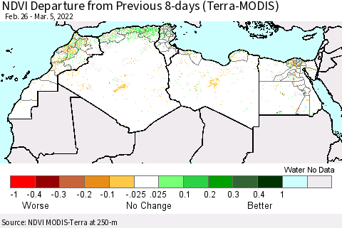 North Africa NDVI Departure from Previous 8-days (Terra-MODIS) Thematic Map For 2/26/2022 - 3/5/2022