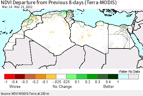 North Africa NDVI Departure from Previous 8-days (Terra-MODIS) Thematic Map For 3/14/2022 - 3/21/2022