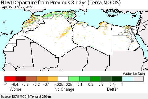 North Africa NDVI Departure from Previous 8-days (Terra-MODIS) Thematic Map For 4/15/2022 - 4/22/2022