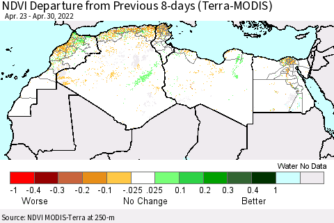 North Africa NDVI Departure from Previous 8-days (Terra-MODIS) Thematic Map For 4/23/2022 - 4/30/2022