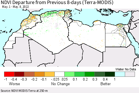 North Africa NDVI Departure from Previous 8-days (Terra-MODIS) Thematic Map For 5/1/2022 - 5/8/2022