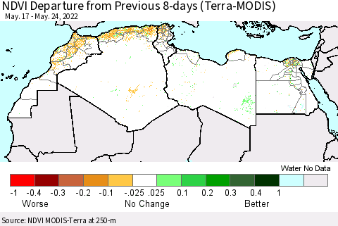 North Africa NDVI Departure from Previous 8-days (Terra-MODIS) Thematic Map For 5/17/2022 - 5/24/2022