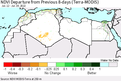 North Africa NDVI Departure from Previous 8-days (Terra-MODIS) Thematic Map For 7/12/2022 - 7/19/2022