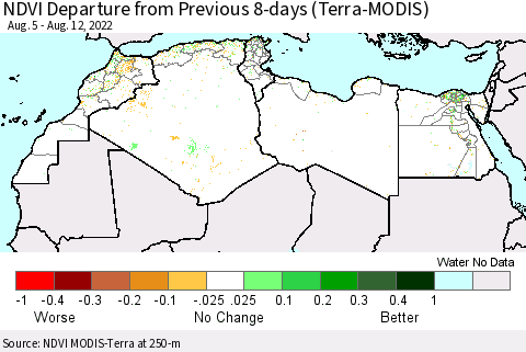 North Africa NDVI Departure from Previous 8-days (Terra-MODIS) Thematic Map For 8/5/2022 - 8/12/2022