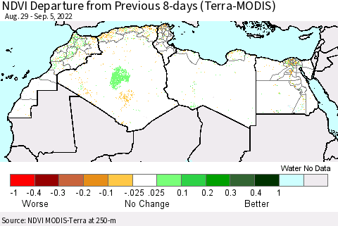 North Africa NDVI Departure from Previous 8-days (Terra-MODIS) Thematic Map For 8/29/2022 - 9/5/2022
