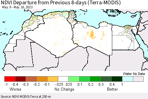 North Africa NDVI Departure from Previous 8-days (Terra-MODIS) Thematic Map For 5/9/2023 - 5/16/2023