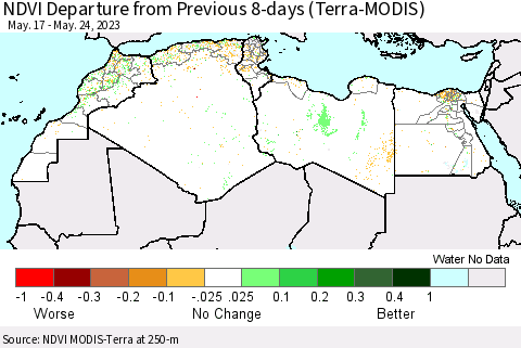 North Africa NDVI Departure from Previous 8-days (Terra-MODIS) Thematic Map For 5/17/2023 - 5/24/2023