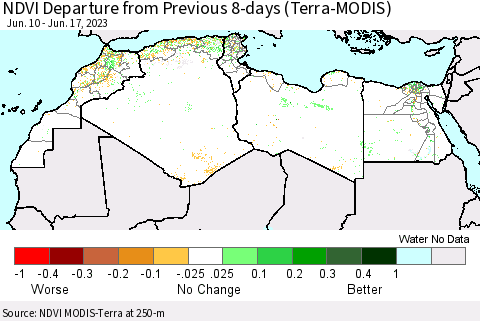 North Africa NDVI Departure from Previous 8-days (Terra-MODIS) Thematic Map For 6/10/2023 - 6/17/2023
