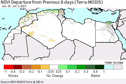 North Africa NDVI Departure from Previous 8-days (Terra-MODIS) Thematic Map For 6/26/2023 - 7/3/2023