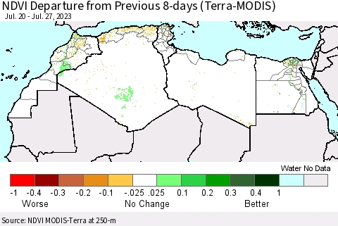 North Africa NDVI Departure from Previous 8-days (Terra-MODIS) Thematic Map For 7/20/2023 - 7/27/2023