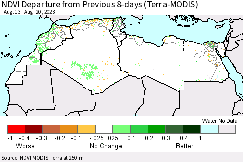 North Africa NDVI Departure from Previous 8-days (Terra-MODIS) Thematic Map For 8/13/2023 - 8/20/2023