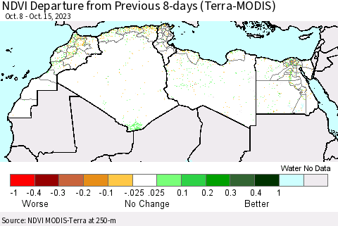 North Africa NDVI Departure from Previous 8-days (Terra-MODIS) Thematic Map For 10/8/2023 - 10/15/2023