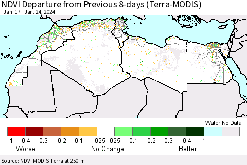 North Africa NDVI Departure from Previous 8-days (Terra-MODIS) Thematic Map For 1/17/2024 - 1/24/2024