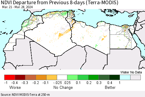 North Africa NDVI Departure from Previous 8-days (Terra-MODIS) Thematic Map For 3/21/2024 - 3/28/2024