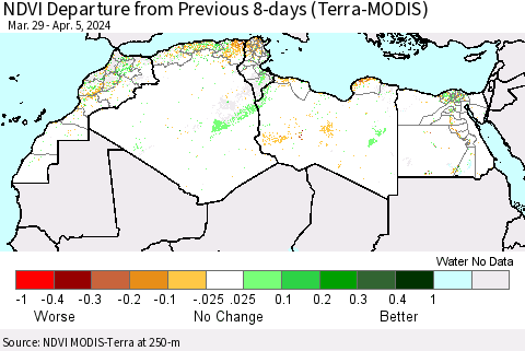 North Africa NDVI Departure from Previous 8-days (Terra-MODIS) Thematic Map For 3/29/2024 - 4/5/2024