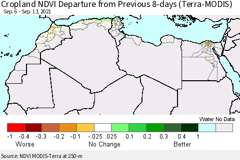 North Africa Cropland NDVI Departure from Previous 8-days (Terra-MODIS) Thematic Map For 9/6/2021 - 9/13/2021