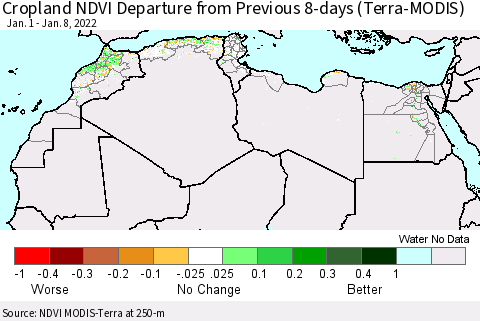 North Africa Cropland NDVI Departure from Previous 8-days (Terra-MODIS) Thematic Map For 1/1/2022 - 1/8/2022