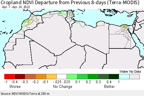 North Africa Cropland NDVI Departure from Previous 8-days (Terra-MODIS) Thematic Map For 4/7/2022 - 4/14/2022
