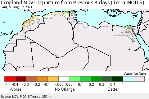 North Africa Cropland NDVI Departure from Previous 8-days (Terra-MODIS) Thematic Map For 8/5/2023 - 8/12/2023