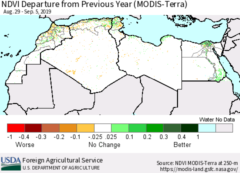 North Africa NDVI Departure from Previous Year (Terra-MODIS) Thematic Map For 9/1/2019 - 9/10/2019