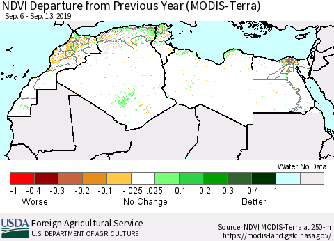 North Africa NDVI Departure from Previous Year (Terra-MODIS) Thematic Map For 9/11/2019 - 9/20/2019