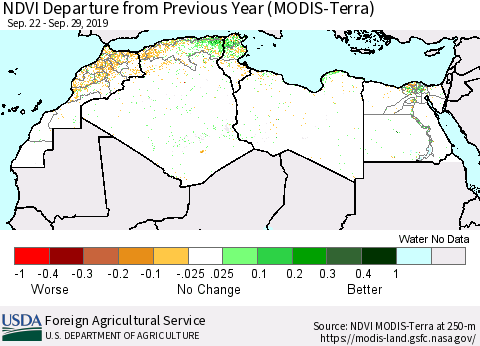 North Africa NDVI Departure from Previous Year (Terra-MODIS) Thematic Map For 9/21/2019 - 9/30/2019