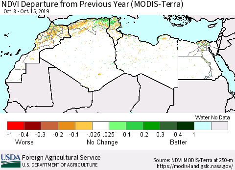 North Africa NDVI Departure from Previous Year (Terra-MODIS) Thematic Map For 10/11/2019 - 10/20/2019