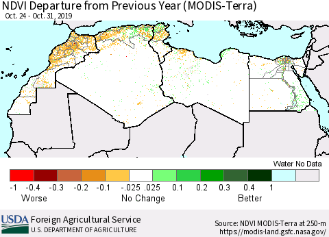 North Africa NDVI Departure from Previous Year (Terra-MODIS) Thematic Map For 10/21/2019 - 10/31/2019