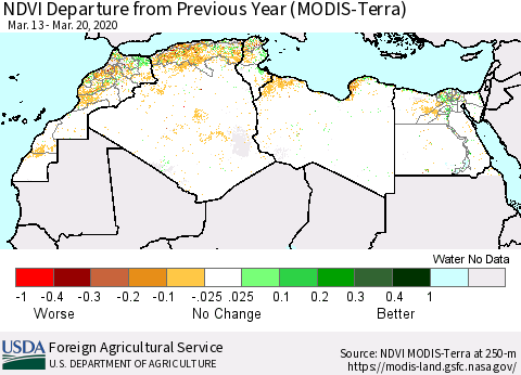 North Africa NDVI Departure from Previous Year (Terra-MODIS) Thematic Map For 3/11/2020 - 3/20/2020