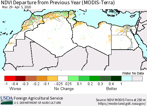 North Africa NDVI Departure from Previous Year (Terra-MODIS) Thematic Map For 4/1/2020 - 4/10/2020