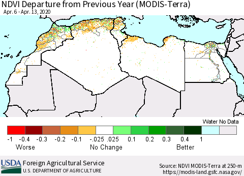 North Africa NDVI Departure from Previous Year (Terra-MODIS) Thematic Map For 4/11/2020 - 4/20/2020