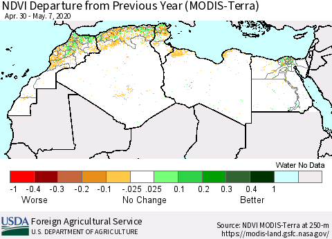 North Africa NDVI Departure from Previous Year (Terra-MODIS) Thematic Map For 5/1/2020 - 5/10/2020