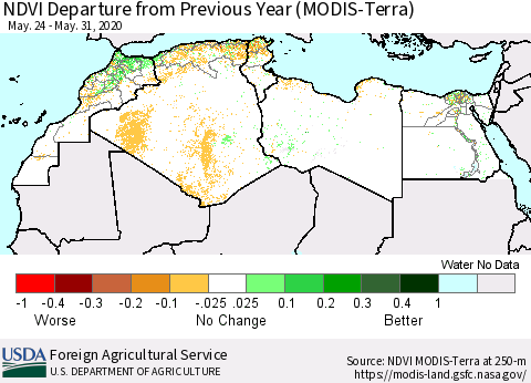 North Africa NDVI Departure from Previous Year (Terra-MODIS) Thematic Map For 5/21/2020 - 5/31/2020
